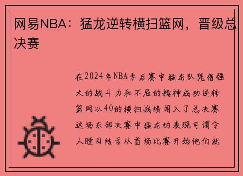 网易NBA：猛龙逆转横扫篮网，晋级总决赛