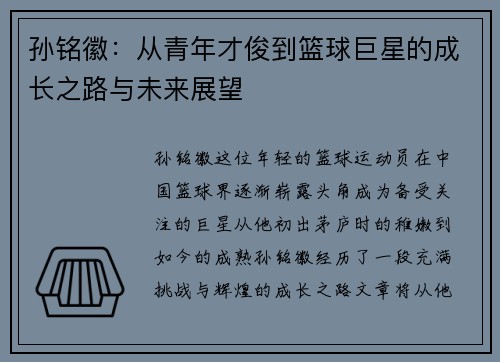 孙铭徽：从青年才俊到篮球巨星的成长之路与未来展望